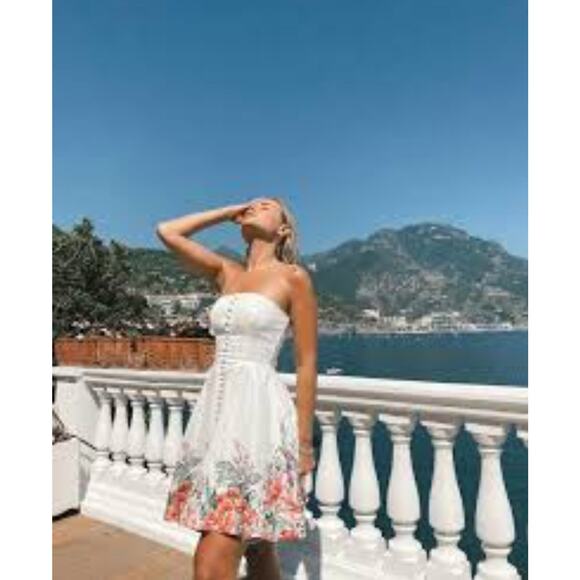 $695 Zimmermann Linen White Bellitude Strapless Shirred Floral-print Min… - Picture 2 of 16